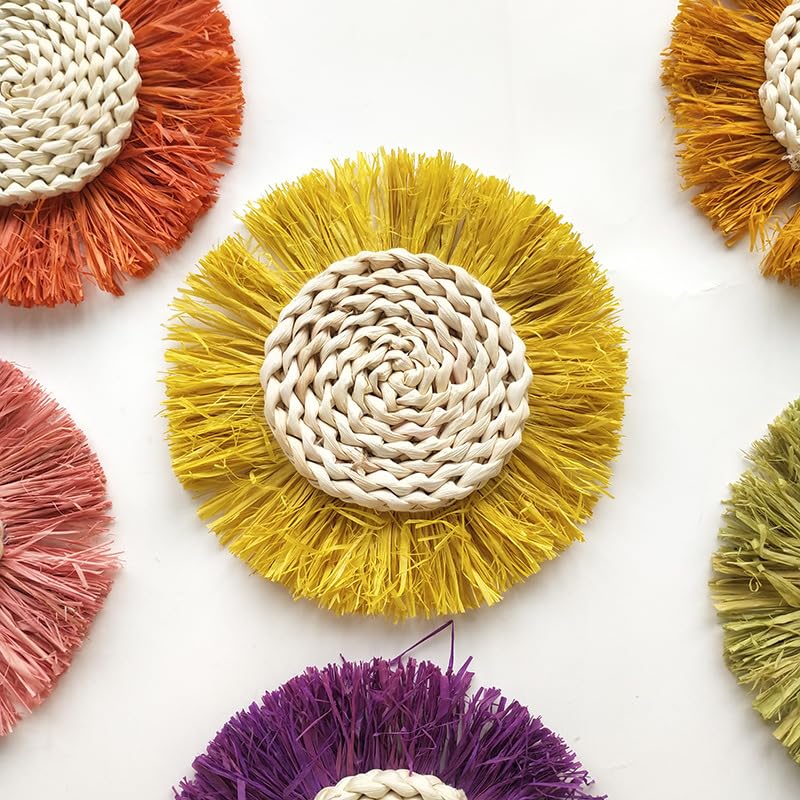 Boho Wall Baskets Decor Hanging Rustic Rattan Wicker Wall Baskets Round Wall Art for Farmhouse Living Rooms Bedrooms Kitchen Decorations (Yellow)