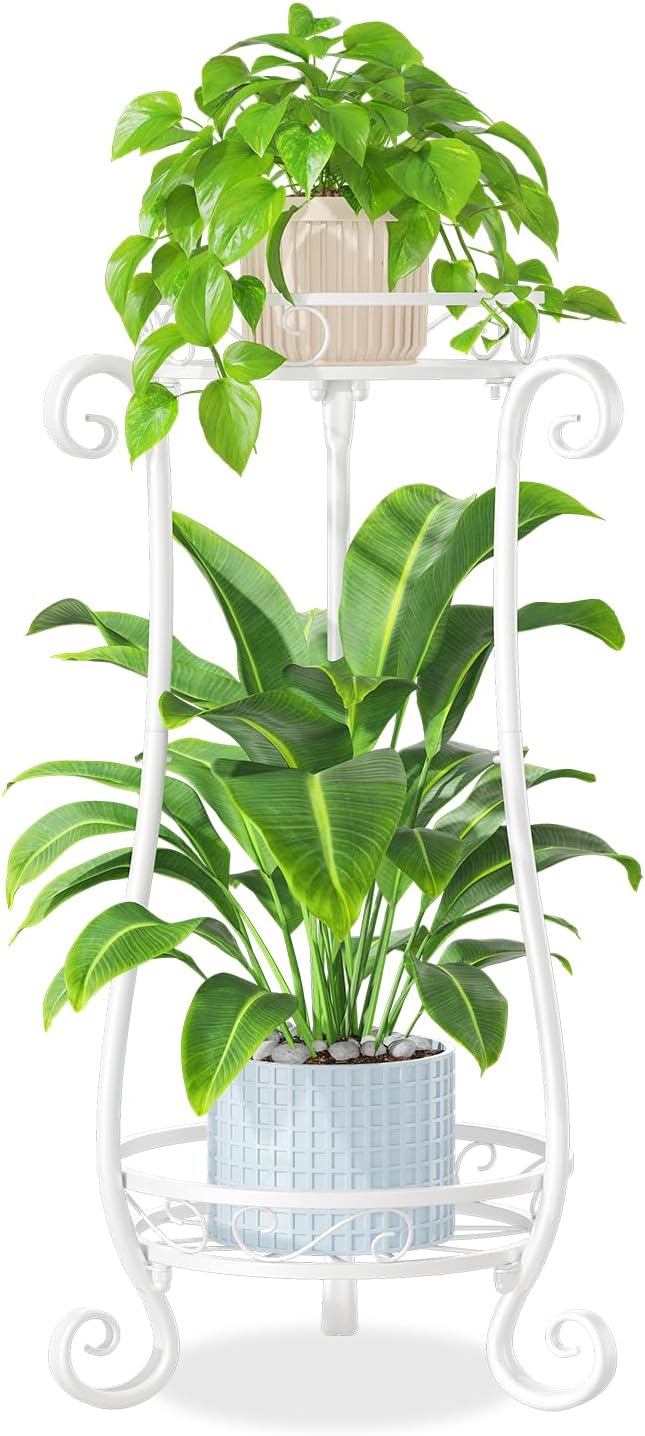 iDavosic.ly 2 Tier Metal Plant Stand Indoor Outdoor, Iron Corner Tall Flower Pot Holder Shelf, 27 Inch Vertical Heavy Duty Display Rack for Patio Porch Living Room Garden, White