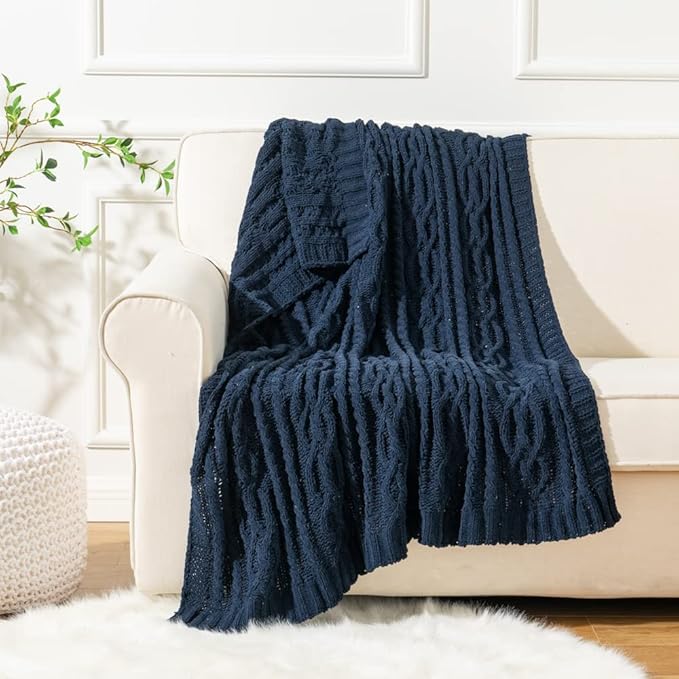 Battilo Navy BlueThrow Blanket for Couch, 51"x67", Chenille Knit Throw Blanket, Super Soft Warm Blanket, Decorative Christmas Textured Throw Blanket for Bed,Living Room