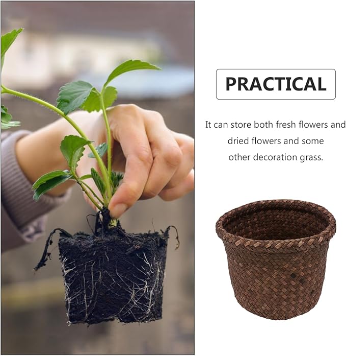 Yardwe Small Seagrass Storage Basket Woven Planter for Indoor Outdoor Use Decorative Wicker Plant Pot Container for Home Organization and Flower Display 5.90X4.72X4.72 Inch