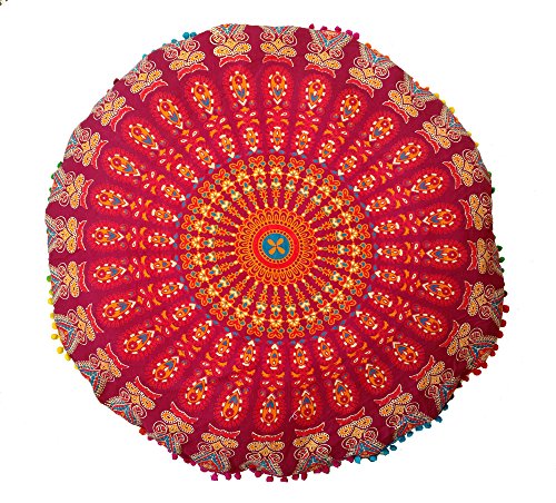 Rastogi Handicrafts 32" COR Mandala Floor Pillow Cushion Seating Throw Cover Bohemian Ottoman Poufs, Pom Pom Pillow Cases,Boho Indian (Maroon) - color: Maroon
