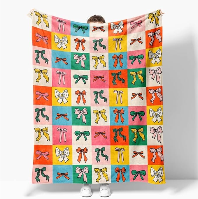 Colorful Bow Throw Blanket Preppy Blanket Coquette Flannel Soft Cute Bow Decor Lightweight Aesthetic Room Christmas Thanksgiving Decor Gifts for Women Girl for Sofa Couch Travel Bed 30"x40"