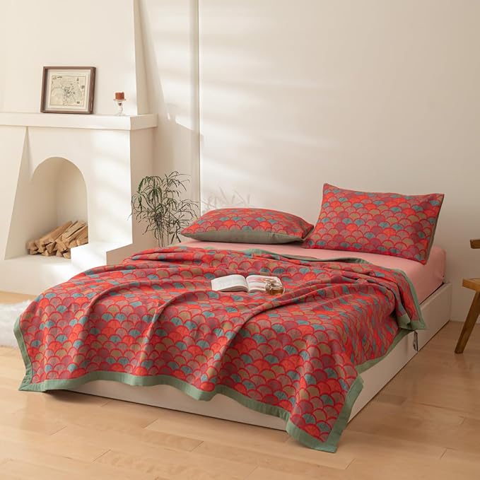 100% Cotton Muslin Blanket Jacquard Rustic Mermaid Fish Scales Quilt, Soft Bed Cover 3 Layers Reversible Bedspread Coverlet Breathable Lightweight Bedding Twin(59"x94"), No Pillow Sham