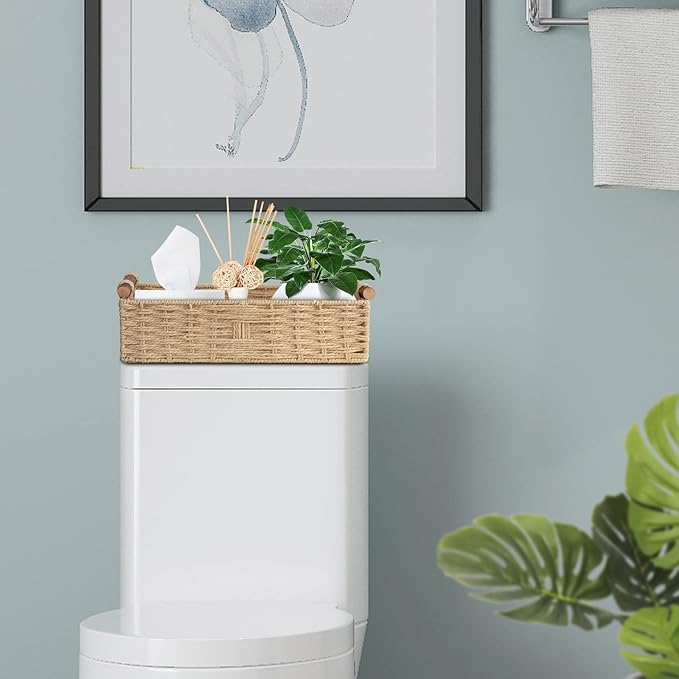 Round Paper Rope Storage Basket with Handle, Beige, 14.5in x 6.6in x 3.74in