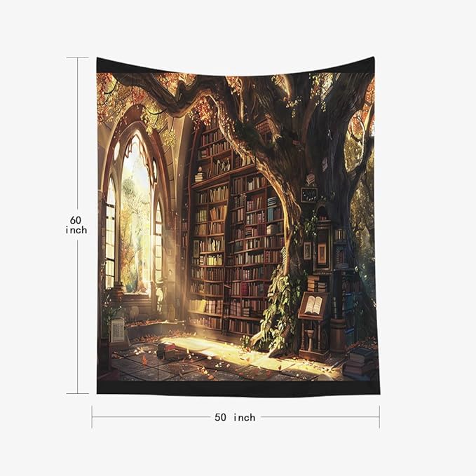 EMMTEEY Library Bookshelf Art Tapestry 50X60 Inch - Large Tree Bathroom Wall Decor Medieval Dark Academia Backdrop for Study Room Office