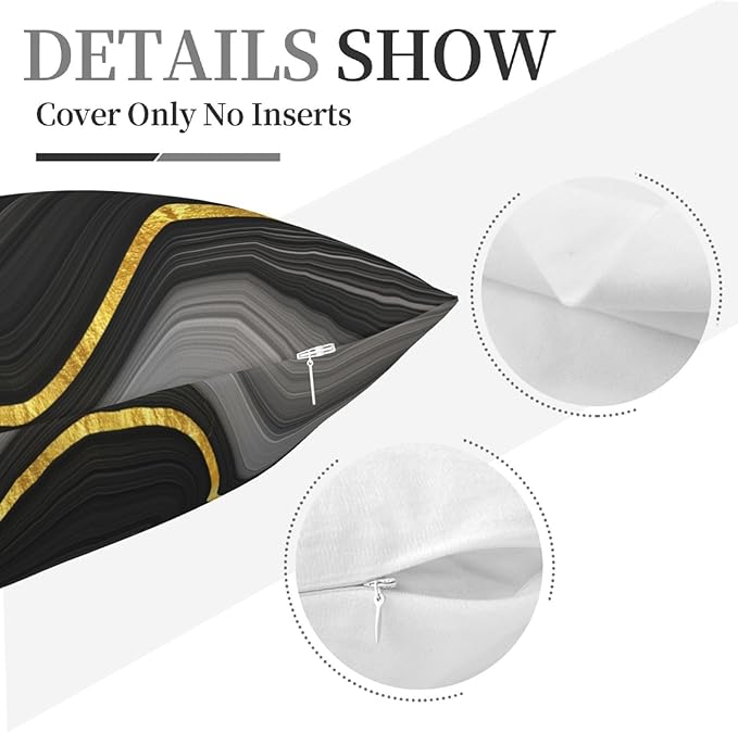 Black and Gold Marble Texture Throw Pillow Covers 18x18 Inch Set of 2, Decorative Gold and Black Grey Modern Boho Art Pillow Covers for Office Couch Sofa Bedroom Living Room Farmhouse Home Decor