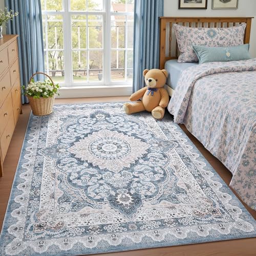 Macgace 5x7 Area Rug for Bedroom, Machine Washable Rugs with Non-Slip Backing for Living Room, Soft Vintage Carpet Kitchen Laundry Kids Room Decor, Blue & Beige - color: Blue & Beige, size: 5' x 7' (Rectangular)
