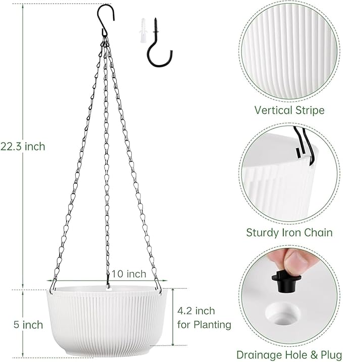 Set of 2 White Hanging Planters for Outdoor Indoor Plants, 10 Inch Self-Watering Hanging Plant Pots with Drainage Hole & Plug (Hooks)