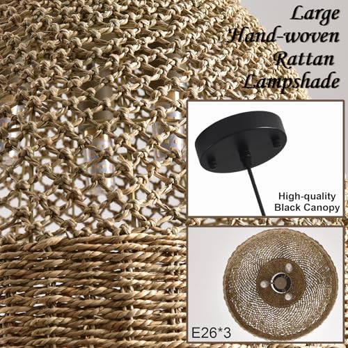 18.9" Large Rattan Chandelier,Rattan Pendant Lights Boho 3-Lights Wicker Hand-Woven Kitchen Island Pendant Lighting for Kitchen Islands Dining Rooms, - size: 3-Light 18.9 inch