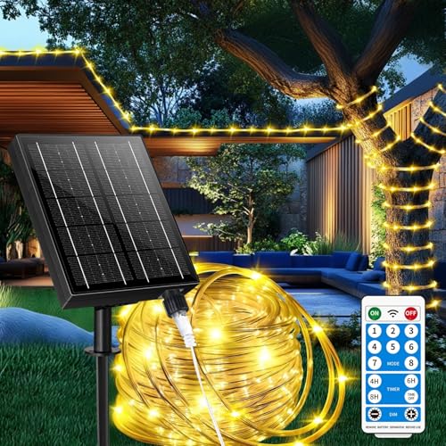 LairtPOW Thicker Tube Solar Rope Lights with Remote for Garden Decor,98FT 300LEDs Outdoor Solar String Lights for Yard,IP67 Waterproof USB Charging,Timing & 8 Modes Fairy Light for patios(Warm White) - color: Brighter-Warm White, size: 300 LED