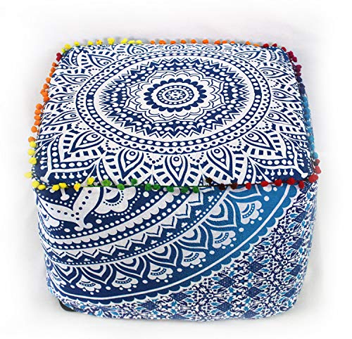 CRAFT KALA Indian Square Patchwork Traditional Pouf Cover Indian Living Room Poufs Cover Decorative Designer Ottoman Pom Pom Home Living Footstool Chair Cover Ottoman Decor 18X18X14 inches, Blue Ombre - color: Blue Ombre