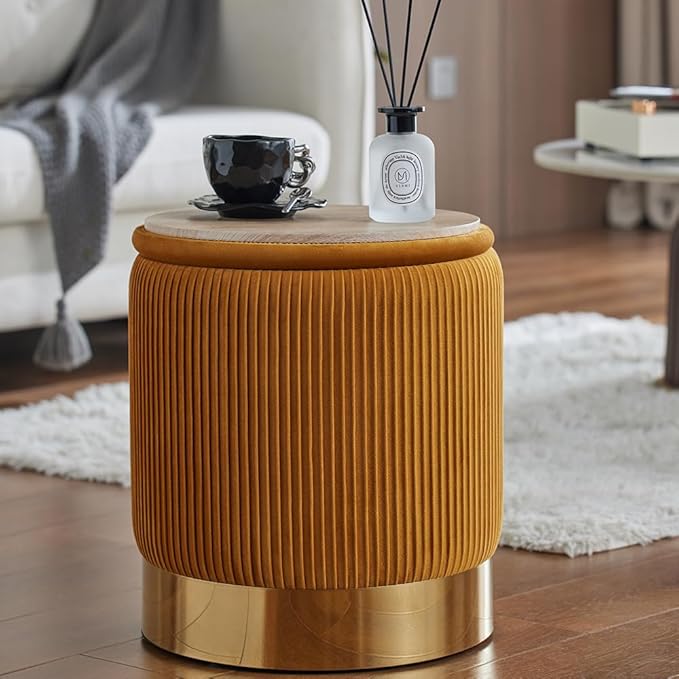 Round Ottoman with Storage Set of 2 Upholstered Velvet Vanity Stool for Living Room Storage Ottoman Multifunctional Foot Rest for Bedroom (Orange)