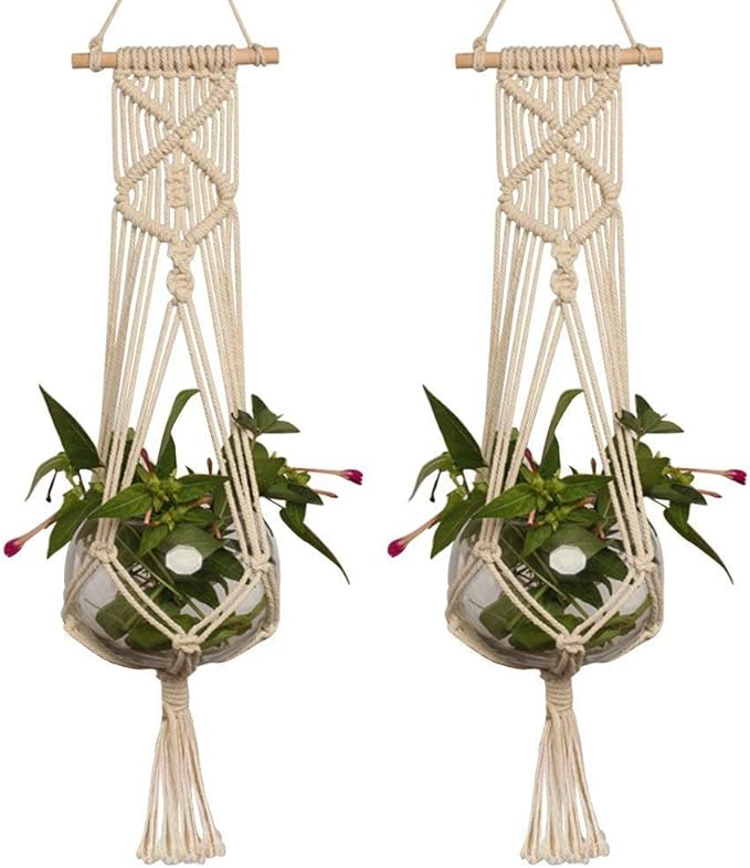Set of 2 Macrame Plant Hanger with Wooden Dowel Wall Hanging Planter Basket for Indoor Outdoor Flower Pot Plant Holder Wall Art Vintage Home Boho Decor, Cotton Rope Weaving, 4 Legs 41 inch