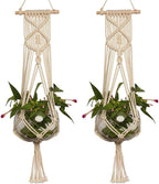 Set of 2 Macrame Plant Hanger with Wooden Dowel Wall Hanging Planter Basket for Indoor Outdoor Flower Pot Plant Holder Wall Art Vintage Home Boho Decor, Cotton Rope Weaving, 4 Legs 41 inch