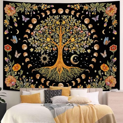 Lunerfex Tree of Life Wall Tapestry - Celestial Moon Phase & Sun Wall Hanging for Bedroom and Living Room Decor - Boho Spiritual Tapestries 80"x60" - color: Black Blue, size: 80"L x 60"W