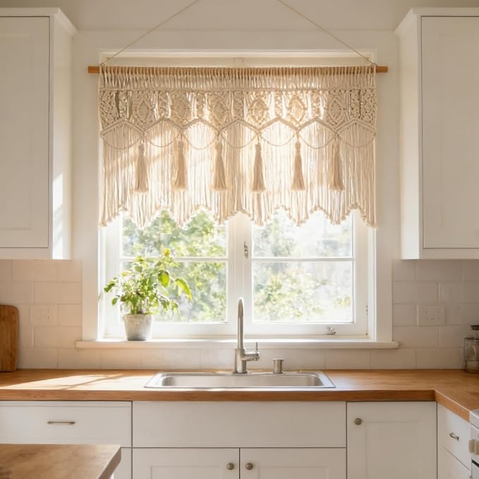 Macrame Wall Hanging Boho Woven Tapestry Valance Window Kitchen Macrame Curtain Door Divider Decoration Bedroom Home Macrame Curtains 55.1" Wx23.6 L