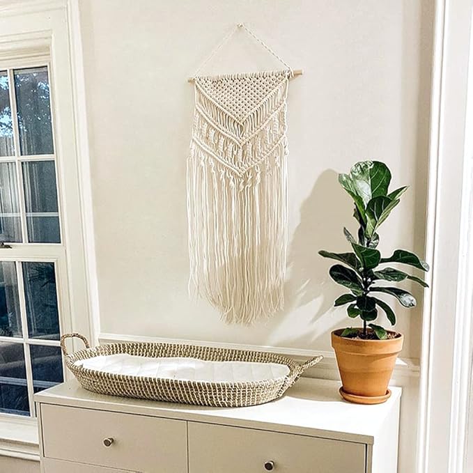 Mkono Macrame Wall Hanging Art Woven Boho Home Décor, Geometric Beautiful Yarn Tapestry Wall Decor for Bedroom, Nursery, Apartment, Dorm Decoration, Christmas Gift for Teen Girl Mom, 17" W x 33" L