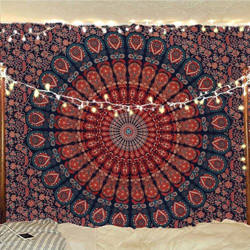 Bless International Handmade Indian hippie Bohemian Psychedelic Peacock Mandala Wall hanging College Dorm Beach Throws Table Cloth Bedding Tapestry (Golden Blue, Medium(54x60Inches)(137x152cms)) - color: Golden Blue, size: 60"L x 54"W