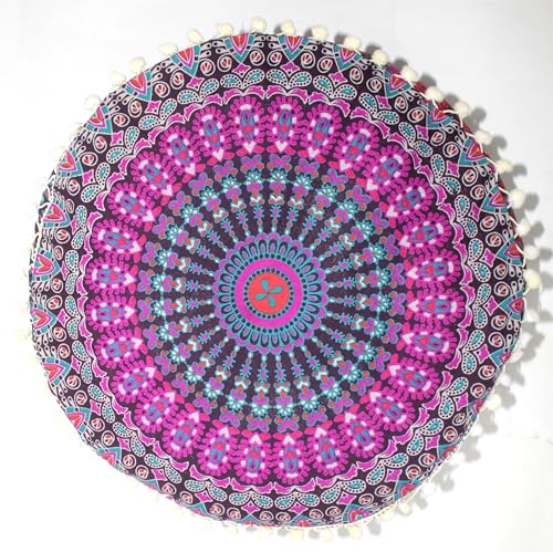 INDIAN CRAFT CASTLE ICC Mandala Barmeri Large Floor Pillow Cover Cushion Meditation Seating Ottoman Throw Cover Hippie Decorative Zipped Bohemian Pouf Ottoman Cases Pink Peacock 16" Round - color: Pink, size: 16"D x 16"W x 5"H