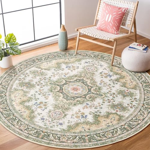 Green Round Rug 4ft,Circle Washable Area Rugs for Bedroom Bathroom Entryway,Small Boho Vintage Bohemian Distressed Oriental Floral Carpet Non Slip,Sage Floral - color: Rug11-green, size: 4'x4'