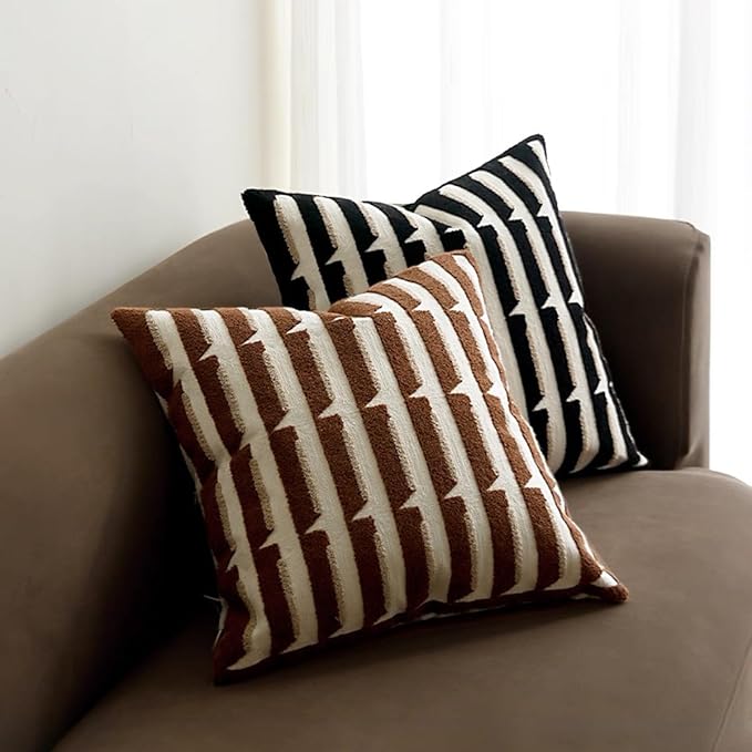 20"x20" Brown Cream Stripe Tufted Pillow Covers Luxury Geometric Accent Pillows Soft Woven Decorative Pillow Cases for Couch, Sofa, Bedroom Décor (Caramel, 20"×20")