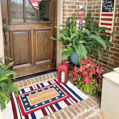 Blue/White/Red Striped Rug 4th of July Door Mat 27.5'' x 43'' Summer Front Porch Rug Independence Day Welcome Doormats for Farmhouse Entrance Porch Outdoors Decor (Blue/red/White, 27.5'' x 43'') - color: Blue/Red/White, size: 2'4" x 3'7" (Rectangular)