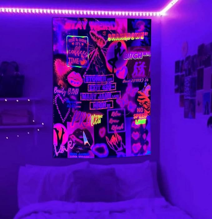 Blacklight Trippy Tapestry for Bedroom Stoner Avenue Street Sign Exit 420 High St Mary Jane Lane Weed Tapestries Wall Hanging Trippy Room Decor Man Cave Vintage Room Decor Marijuana Accessory 80”x60”