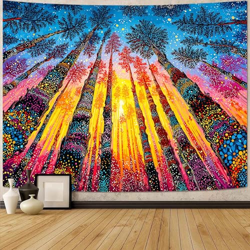 Kanuyee Colorful Forest Sunset Wall Tapestry, Vibrant Woodland Scenery Tapestries for Room Decor, Artistic Tapestry 60x44 Inch - color: Crimson Gold Orange, size: 60"L x 44"W