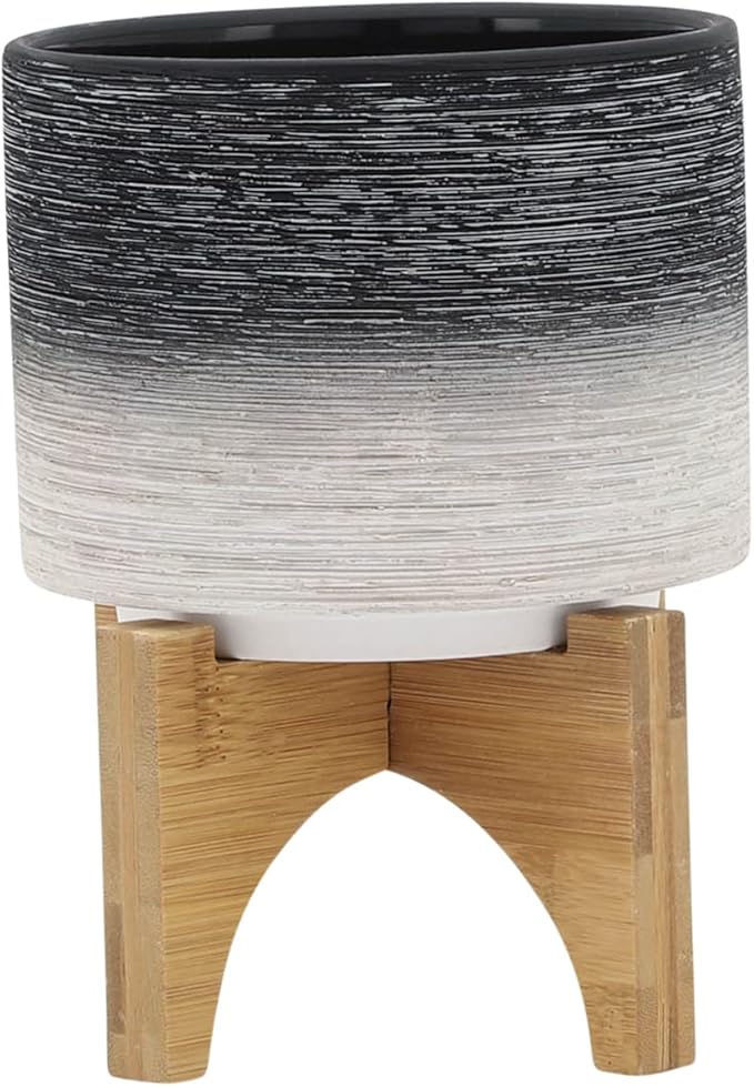 Modern Ceramic Planter with Wooden Stand – Stoneware Plant Pot Holder, Stylish Indoor & Outdoor Home Decor for Living Room, Bedroom, Office, or Garden, Plant Stand Indoor – 6", Gray & White