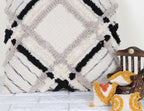 Boho Shaggy Tufted Throw Pillow Cover, Geometric Plaid Woven Decorative Cushion Case, Black Grey Off White Textured Square Pillowcase for Couch Sofa Home Decor, Pillow Insert Not Included