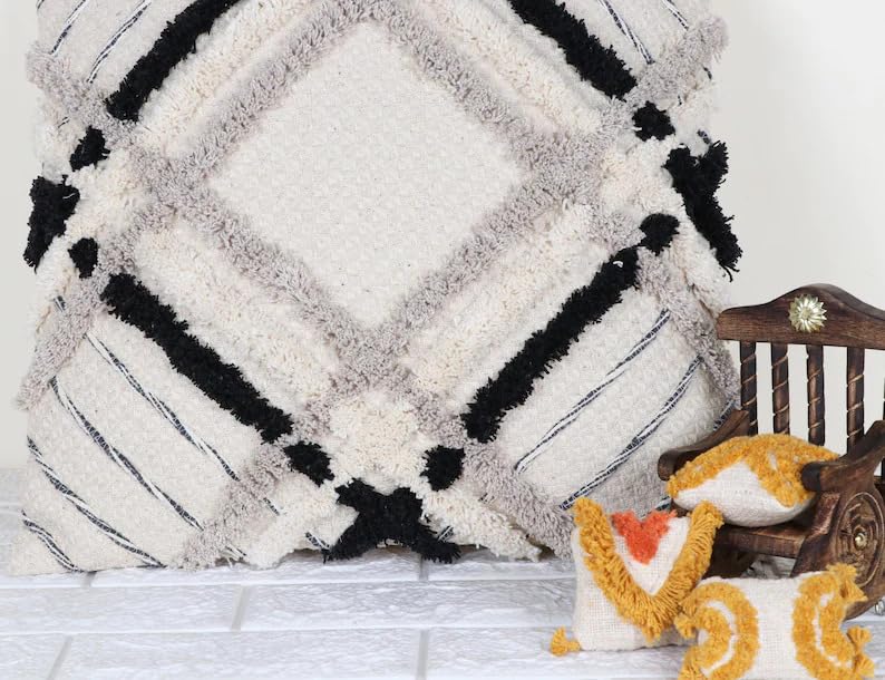 Boho Shaggy Tufted Throw Pillow Cover, Geometric Plaid Woven Decorative Cushion Case, Black Grey Off White Textured Square Pillowcase for Couch Sofa Home Decor, Pillow Insert Not Included
