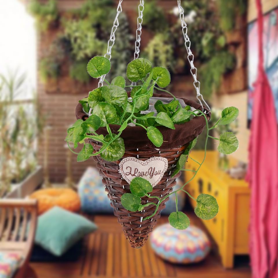 Mikikit Hanging Rattan Cone Basket Chain Wicker Wall Hanging Planter for Decor Boho Style for Flower Pots and Plants