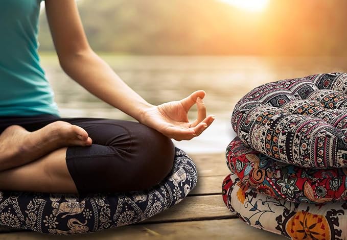 Boho Square Floor Seat Pillows Cushions 22" x 22", Soft Cotton Linen Bohemian Yoga Mandala Meditation Pouf Tatami Floor Pillow Cushion for Living Room Adults & Kids Casual Reading Nooks,Flowers Beige
