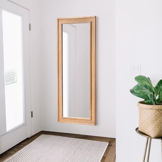Rattan Full Length Mirror 27"x67", Boho Farmhouse Rectangle Floor Mirror, Solid Wooden Frame Woven Rattan Wall Mirror, Hanging Full Body Mirror for Living Room Bedroom Bathroom Entryway Nature