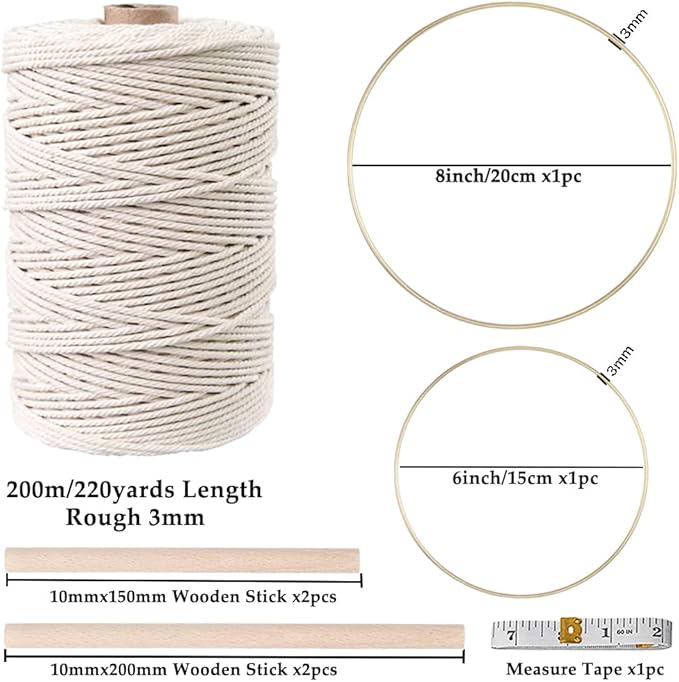 152pcs Macrame Kit for Beginners: Natural Cotton Macrame Cord, Wooden & Metal Rings, Beads, Sticks & Hoops - Perfect for Macrame Plant Hangers & Home Decor
