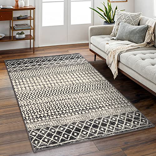 Boho Rugs for Living Room, 4x6 Moroccan Vintage Non-Slip Large Area Rug, Machine Washable Low-Plie Kitchen Mat Accent Rug for Bedroom Playroom Dining Room - color: Black, size: 4' x 6' (Rectangular)