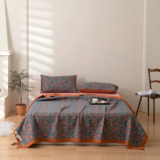 100% Cotton Jacquard Quilt Rustic Floral Leaves Print,Soft Muslin Bed Cover 3 Layers Reversible Bedspread Coverlet Breathable Lightweight Bedding,King(98"x94"), No Pillow Sham