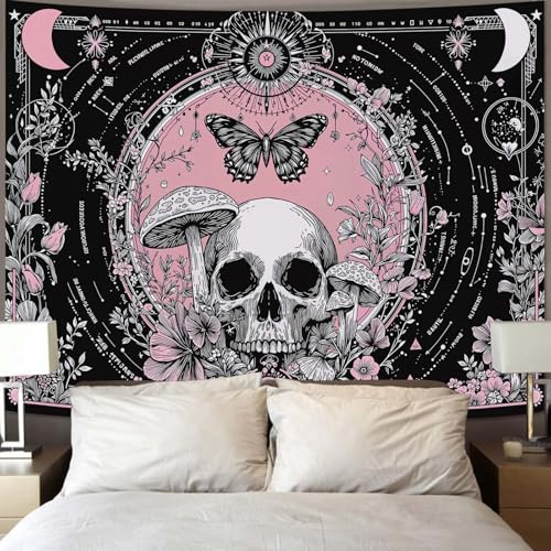 Haibimen Skull Tapestry Pink Gothic Mushroom Butterfly Moon Tapestry for Bedroom Witchy Skeleton Floral Mystic Tapestries Wall Hanging for Living Room, Bedroom, Dorm (Black 5, 60''×44'') - color: Black 5, size: 60''×44''