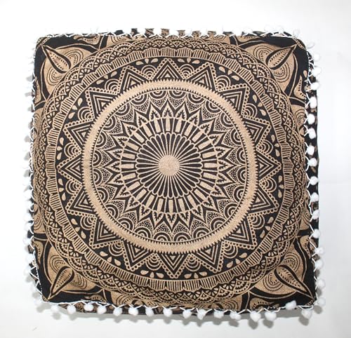 INDIAN CRAFT CASTLE ICC Mandala Barmeri Large Floor Pillow Cover Cushion Meditation Seating Ottoman Throw Cover Hippie Decorative Zipped Bohemian Pouf Ottoman Cases Black Gold 16" Square - color: Black Gold, size: 16"D x 16"W x 5"H