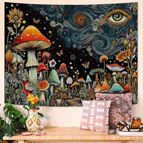 Accnicc Hippie Mushroom Forest Tapestry Abstract Fantasy Sky Eye Wall Tapestry for Bedroom Aesthetic Art Floral Plant Small Tapestries Wall Hanging for Dorm Living Room Decor 60 × 44 Inch - color: Black Red, size: 60"L x 44"W