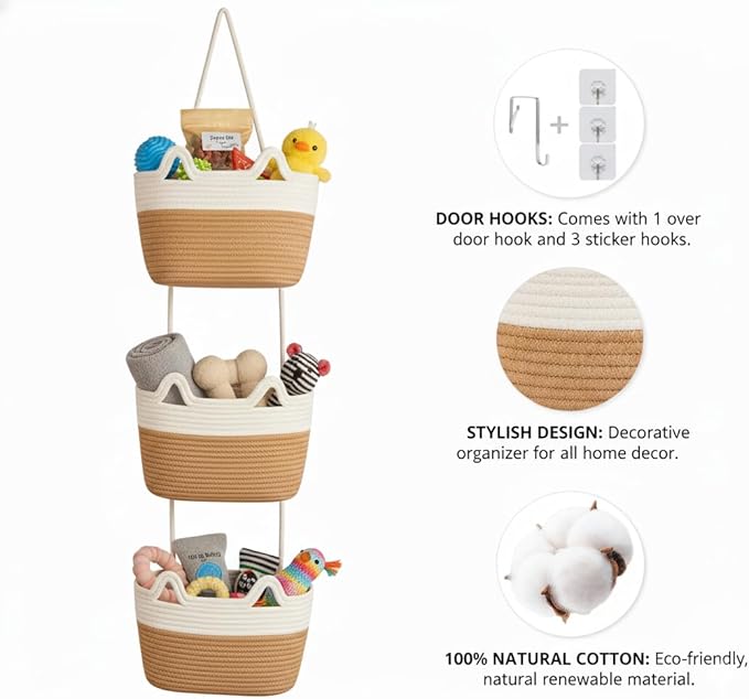 Hanging Wall Basket, Over the Door Hanging Basket with Hooks, Decorative Hanging Basket for Wall, Door, Nursery, Living Room, Bathroom, Cat-Like Design for Boho Decor, White & Jute