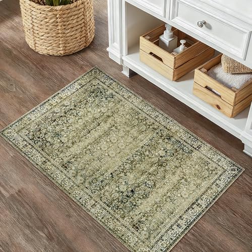 BILEEHOME Throw Rugs 2x3,Non Slip Washable Vintage Floral Boho Accent Soft Thin Small Area Rug for Sink Area Bathroom Bedroom 24 x 36,Olive Green and Beige - color: Olive&tan, size: 2' x 3' (Rectangular)