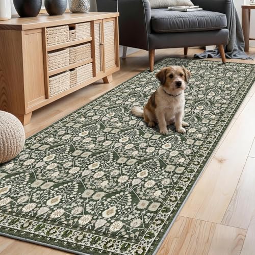 Green Washable Runner Rug 3x8: Soft Thin Kitchen Runners Non Slip Rubber Backing Stain Resistant Carpet for Hallways Indoor Vintage Floor Mat Home Decor for Bedroom Entryway - color: Green, size: 3' x 8' (Rectangular)