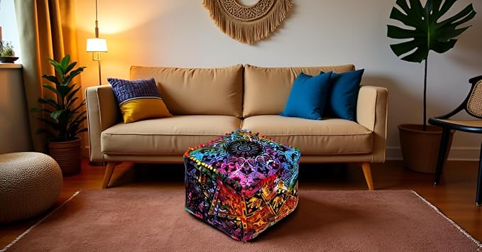 CRAFT KALA Square Mandala Floor Pillow Cushion Cover Seating Throw Cover Hippie Decorative Bohemian Ottoman Cover Poufs Pom Pillow Cases Boho Cotton Living Room Home Décor 22X22X14 inches, Multi Star