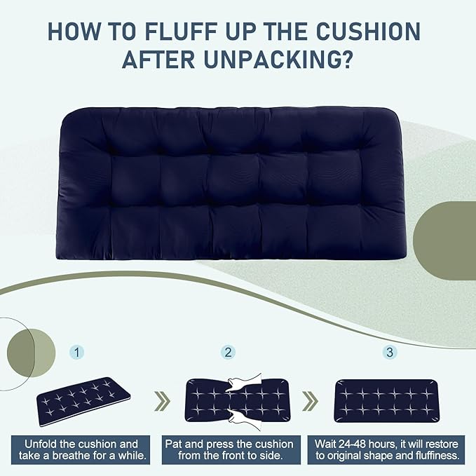 downluxe Outdoor Bench Cushion for Patio Furniture, Water Resistant Tufted Overstuffed Porch Swing Cushions, Thick Outdoor Loveseat Cushions, 59" x 18" x 5", Navy, Set of 1