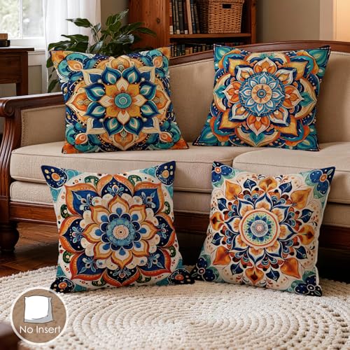 OBSEDE Boho Mandala Throw Pillow Covers Set of 4, 18x18 Inch Blue and Orange Bohemian Decorative Pillow Cases for Couch Sofa, Psychedelic Floral Spiritual Home Decor - color: Boho Spirit Mandala, size: 18" x 18" (Pack of 4)