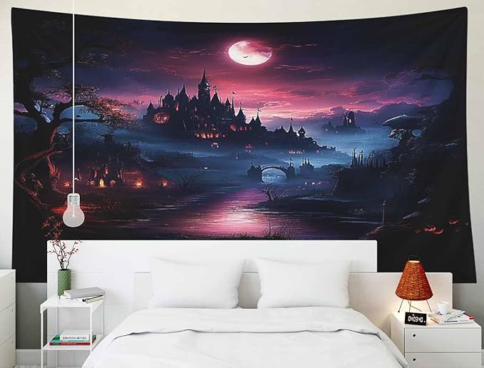 EMMTEEY Halloween Tapestry Halloween Castle Red Moon Dark 60X40 Inch Small Tapestry Wall Art Hanging Tapetries for Bedroom Living Room Dorm Décor