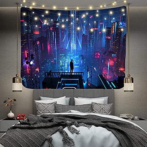Aidatain Punk Cityscape Tapestry Skyscrapers Skyline 3D Urben Building Neon Lights Night Wall Hanging Tapestries Flannel Large Size 80" 60" for Bedroom Living Room GTWHAT102 - color: Punk Cityscape