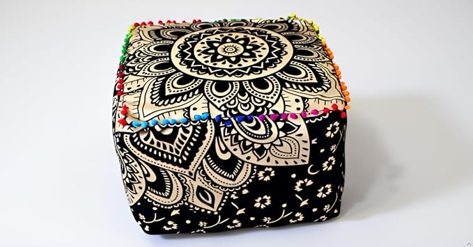 CRAFT KALA Mandala Meditation Floor Pillows Cover Square Pillow Seating Hippie Decorative Adults Bohemian Cushion Cover Outdoor Living Room Throw Ottoman Poufs Cover 22X22X14 inches, Black Gold Flower