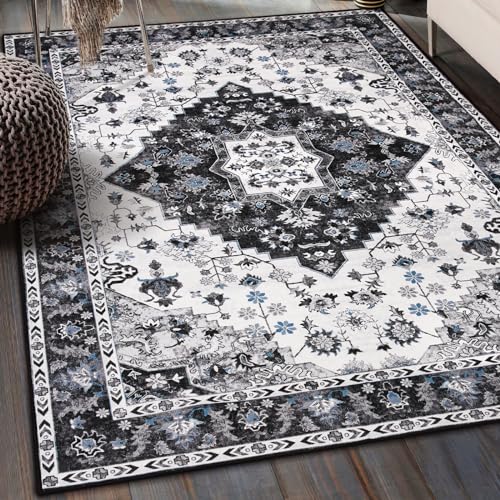 Amearea Vintage Design Area Rugs for Living Room, 4x6 Machine Washable Floral Collection Traditional Bedroom Rug, Low Pile Cute Kids Room Print Carpet, No Slip Office Kitchen Home Decor, Black - color: Black, size: 4' X 6' (Rectangular)
